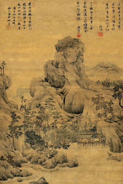 文徵明 《溪亭幽林》
文徵明在《溪亭幽林》中题写了一首七言古诗，诗中的最后两句发出内心的感慨“见说长安无限事，多应不上钓鱼竿”。一说到钓鱼，马上就能联想到汉代的严子陵，他是刘秀的同窗好友，曾在危难之中…