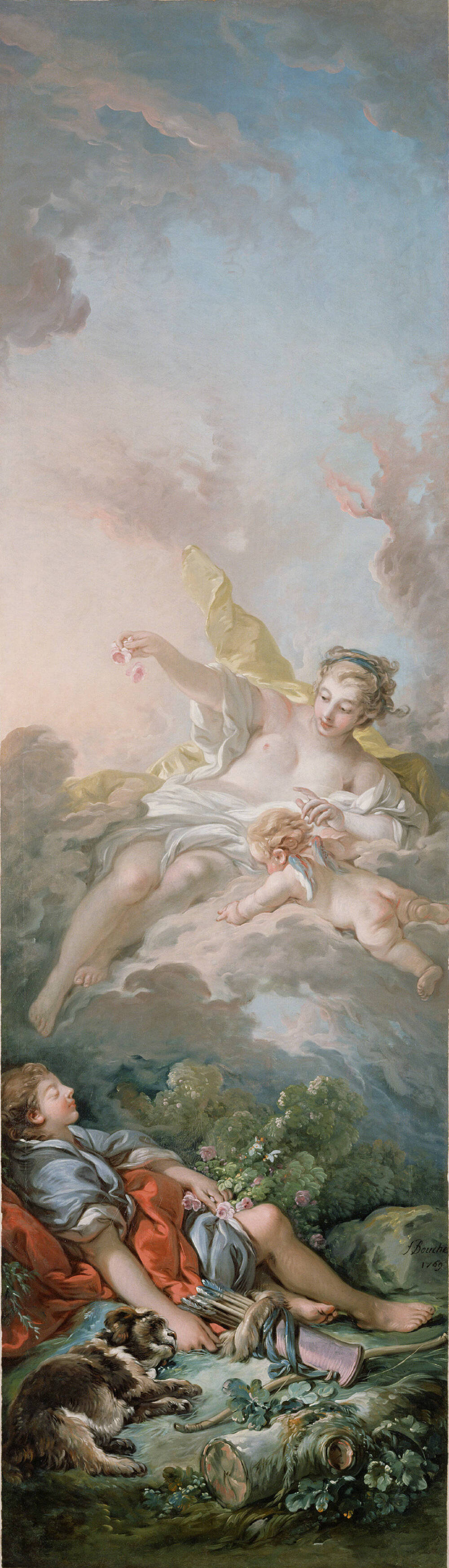 Aurora and Cephalus (details), 1769, by François Boucher
“欧若拉与刻法罗斯”，细节。[法]弗朗索瓦·布歇
在罗马神话中，黎明女神欧若拉爱上了猎人刻法罗斯。刻法罗斯在打猎休息期间，常对欧若拉说道：“来吧，温柔的欧若拉，甜蜜的微风女神，来消消我身上炙人的热气吧。”妻子得知这个消息后，并悄悄跟踪丈夫，不料在丈夫听到灌木丛中传来的呜咽声，以为是野兽的声音，就一枪掷了过去。后来才发现是自己的妻子，妻子就这样不幸意外死在了他的标枪下，临终前，妻子躺在他的怀里说道：“亲爱的夫君，如果你爱过我，请答应我最后一个请求，千万别和那可恶的风（欧若拉）结婚。”说完，死在怀中。