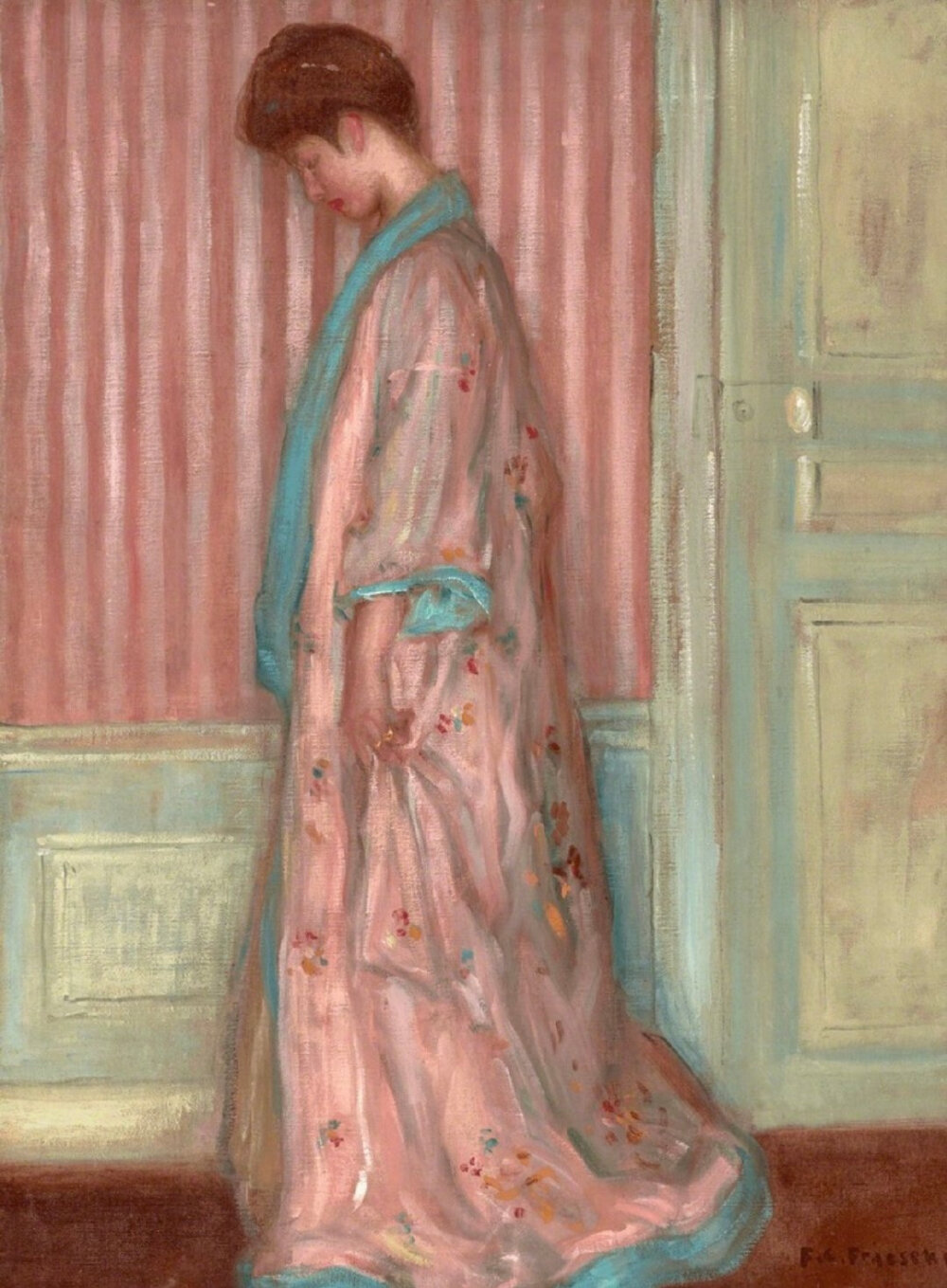 弗雷德里克·卡尔·弗里塞克传记：弗雷德里克·卡尔·弗里塞克(英语姓名Frederick Carl Frieseke),1874-1939,以描绘女性题材而知名的美国印象派画家（Impressionist），吉维尼艺术群体（Giverny art colony）中有影响力的一位成员。他的画经常注重于体现太阳光斑的纷繁效果。在他的职业生涯中获得许多奖章，包括由艺术家们和观赏大众评定的流行大奖(Popular Prize)。