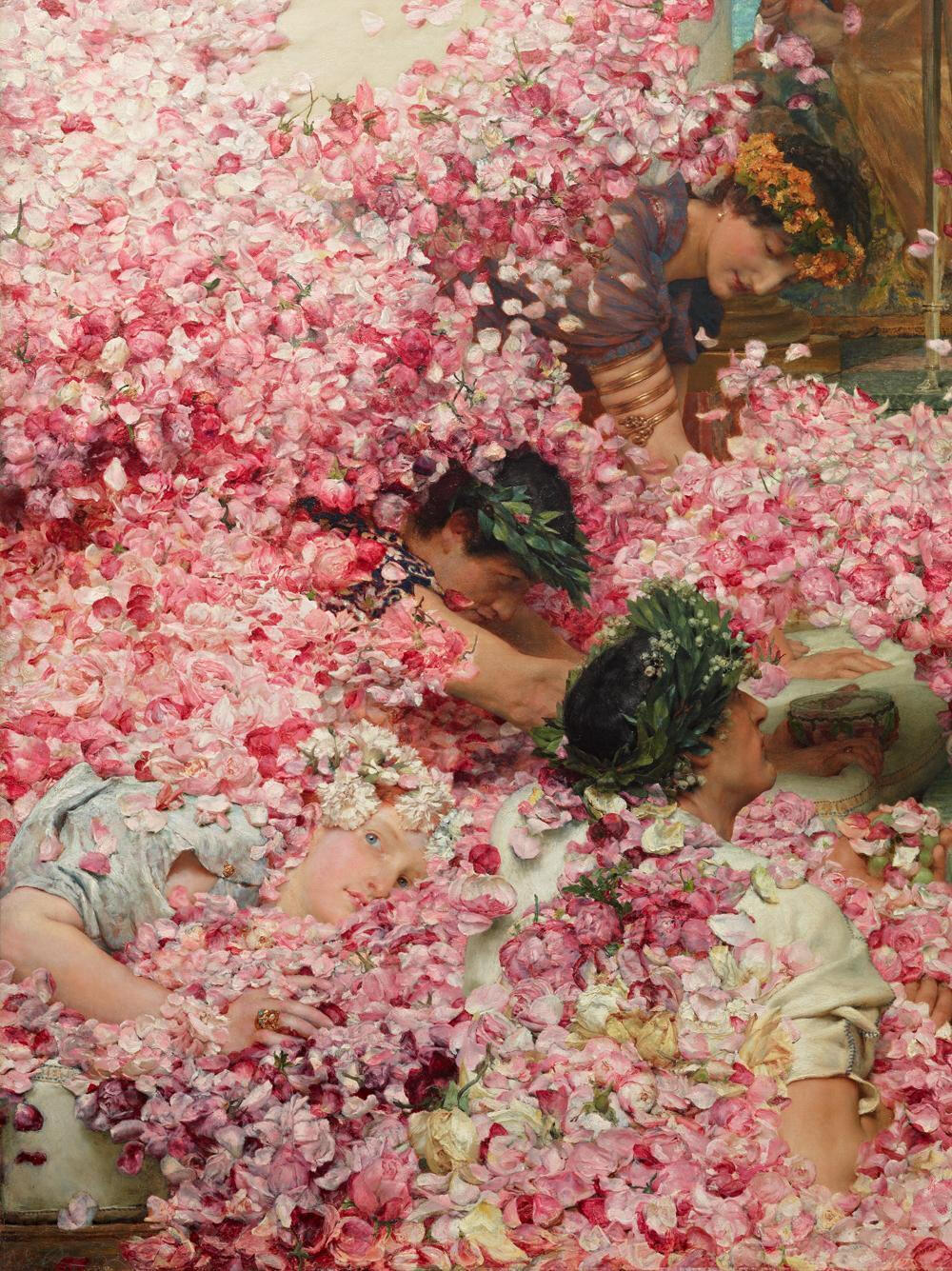 赫利泊洛斯的玫瑰
The Roses of Heliogabalus is an 1888 painting by the Dutch-born British artist Sir Lawrence Alma-Tadema (1836-1912). ​
Lawrence Alma-Tadema
十九世纪荷兰画家劳伦斯·阿尔玛·塔德玛爵士，作品以豪华描绘古代世界而闻名。擅长描绘罗马建筑、花卉、大理石，将古代生活的场景融入当代，在画中赋予温和的情绪及幽默以取悦观看者。
画中人物穿着与色彩搭配，可以给人许多穿搭灵感，尤其碎花单品。