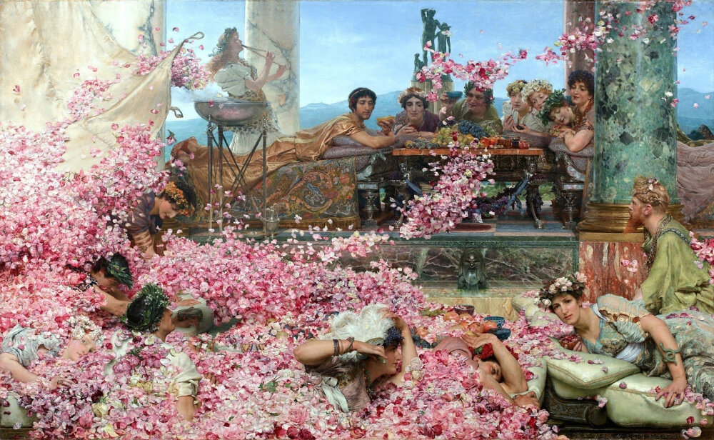 赫利泊洛斯的玫瑰
The Roses of Heliogabalus is an 1888 painting by the Dutch-born British artist Sir Lawrence Alma-Tadema (1836-1912). ​
Lawrence Alma-Tadema
十九世纪荷兰画家劳伦斯·阿尔玛·塔德玛爵士，作品以豪华描绘古代世界而闻名。擅长描绘罗马建筑、花卉、大理石，将古代生活的场景融入当代，在画中赋予温和的情绪及幽默以取悦观看者。
画中人物穿着与色彩搭配，可以给人许多穿搭灵感，尤其碎花单品。