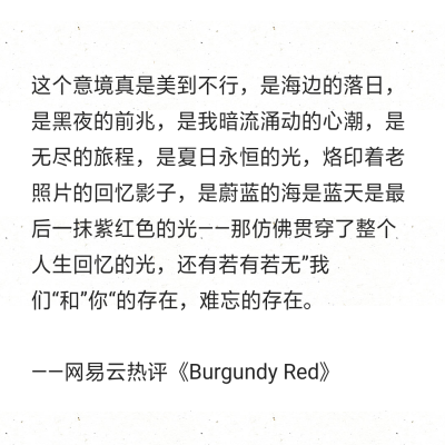 这个意境真是美到不行，是海边的落日，是黑夜的前兆，是我暗流涌动的心潮，是无尽的旅程，是夏日永恒的光，烙印着老照片的回忆影子，是蔚蓝的海是蓝天是最后一抹紫红色的光——那仿佛贯穿了整个人生回忆的光，还有若…