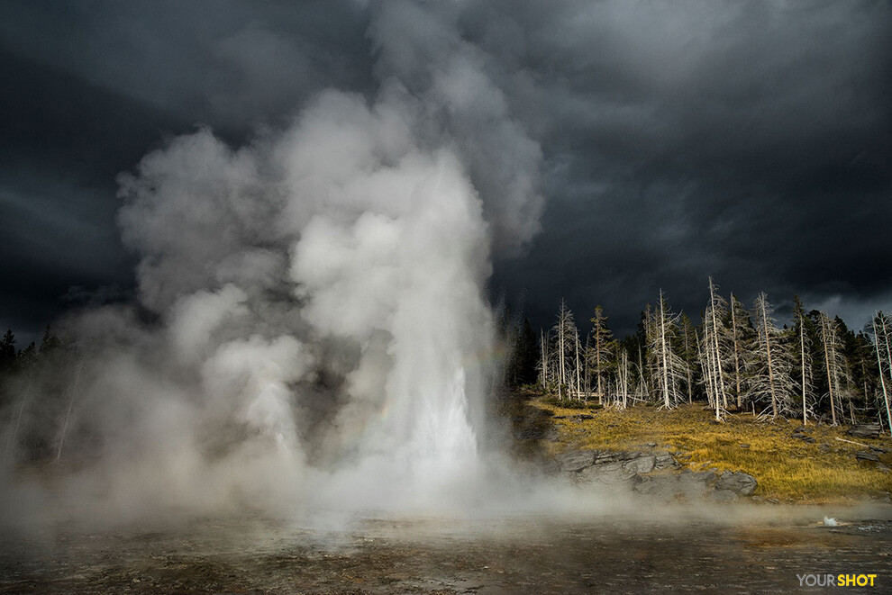 涌动的间歇泉
图为黄石公园正在喷发的间歇泉Grand Geyser。近年来，Grand Geyser算得上是黄石公园里最好预测的间歇泉之一了，它每六七个小时喷发一次，每次喷水持续9到12分钟，像是来了一场表演。摄影：ANDREW THOMAS