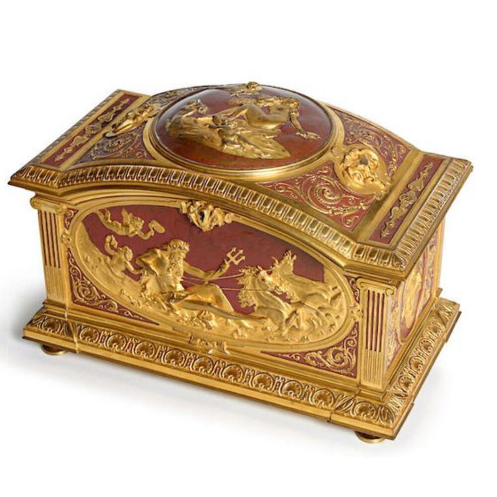 A French Neoclassical style gilt bronze and enamel jewelry box, fourth quarter 19th century