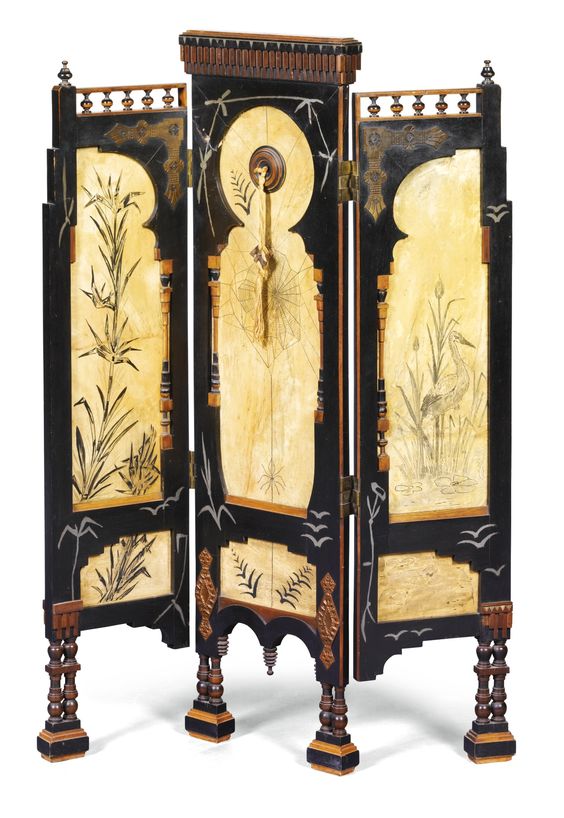 Carlo Bugatti, 1856-1940 THREE PANEL SCREEN the three panels painted on both sides with herons, exotic plants and a spider, the drawings refreshed and the vellum restored vellum, ebonised wood, wood, pewter, copper and silk, circa 1900