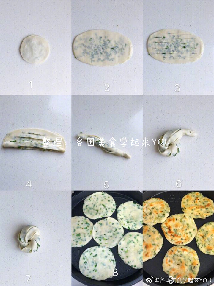 ㊙️超好吃的面食之～饺子皮版手撕葱油饼（附详细做法）应该有不少小伙伴超级爱吃面食，但又不喜欢揉面甚至不会......来、来、来！今天跟着一起做饺子皮版的手撕葱油饼吧！特别好吃制作过程也是更简单了，手撕着吃感觉超棒，三个字：超好吃！喜欢吃的小伙伴们赶紧行动起来吧！墙裂推荐！做法如下食材清单：葱适量，饺皮18个（饺皮买的）1⃣️：先调葱馅：葱切小段➕少许盐➕半汤匙食用油➕少许黑胡椒，搅拌均匀葱馅就完成了！2⃣️：三个饺皮（三个饺皮一组做一个葱油饼）如图两个饺皮调上馅料，依次放一起按扁擀成椭圆形3⃣️用刀在上如图横着划几刀，从一边卷起然后如图旋转几次，一端压下面绕圆圈另一端也压在葱油坯下面按