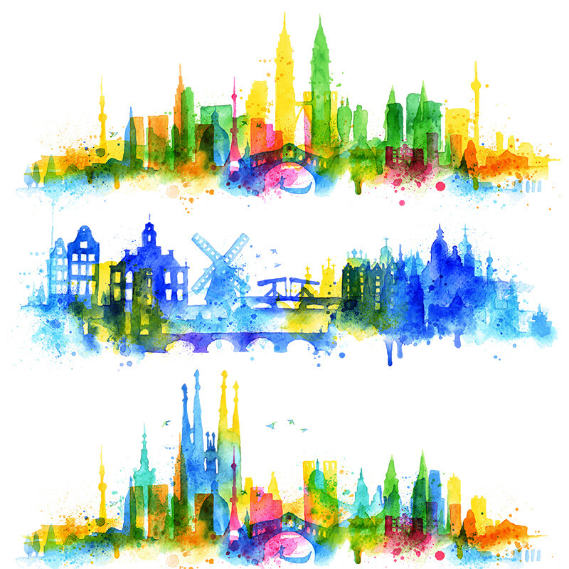 33手绘水彩城市剪影 水彩笔触 AI/PNG适量免抠 平面设计素材