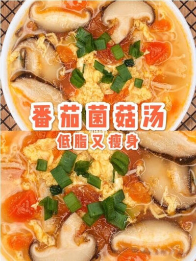 番茄菌菇汤‼️宿舍党也能做的低脂瘦身代餐汤——————————————食材：金针菇、香菇、番茄、鸡蛋配料：葱花、香葱、盐制作步骤1⃣️油热下葱花爆香2⃣️加番茄丁中火炒出沙，倒入适量清水3⃣️加入金针菇…