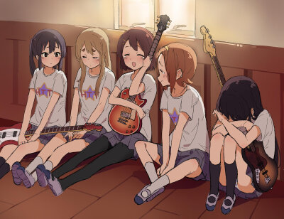 Anime 2048x1579 K-ON! anime girls short hair brunette guitar bass guitars white t-shirt Akiyama Mio Hirasawa Yui Tainaka Ritsu Kotobuki Tsumugi Nakano Azusa digital art Kyoto anime
