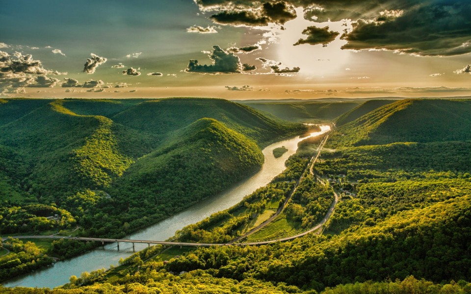 General 1920x1200 landscape nature river highway road valley bridge sunset mountains spring green clouds forest sky