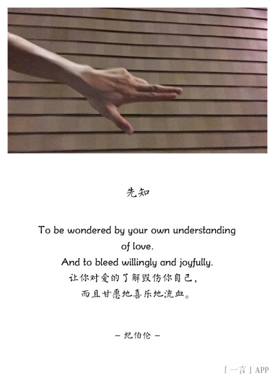 ?
先知
To be wondered by your own understanding of love.
And to bleed willingly and joyfully.
让你对爱的了解毁伤你自己，
而且甘愿地喜乐地流血。
纪伯伦