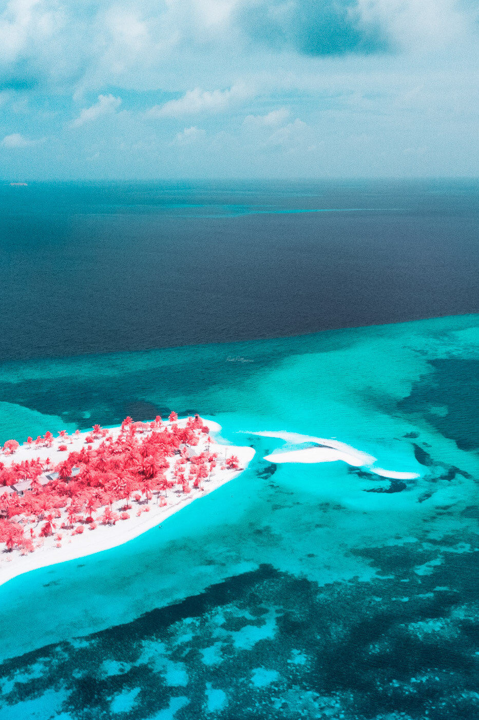 The Maldives Infraland : “Infraland” is a graphic and visual exploration of nature. For this project I've used aerial digital Infrared photography (IR). This technique enables the full sensitivity of the camera’s sensor, making it sensitive to UV, visible