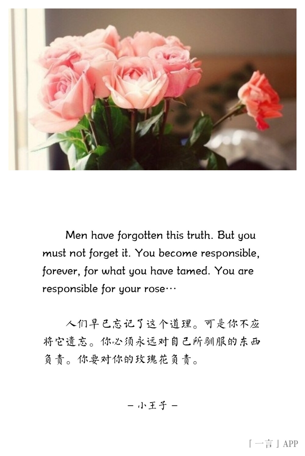 ♚
Men have forgotten this truth. But you must not forget it. You become responsible, forever, for what you have tamed. You are responsible for your rose…
人们早已忘记了这个道理。可是你不应将它遗忘。你必须永远对自己所驯服的东西负责。你要对你的玫瑰花负责。
——小王子