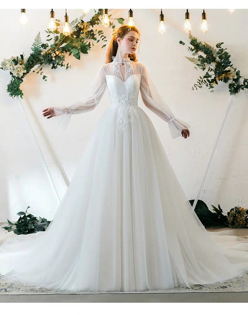 法式森系婚纱2019简约显瘦长袖式白色主纱