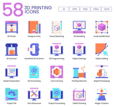 58张电脑办公文件3D打印美工平面设计彩色图标icon矢量素材模板设计