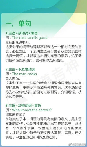 【一篇文章帮你搞懂英语全部句法知识】
单句，主从，宾从，表从  同位语从，定从，状从，最全讲解↓↓四六级、考研英语基础不好的同学仔细看，夯实基础  英语全面涨分。 ​