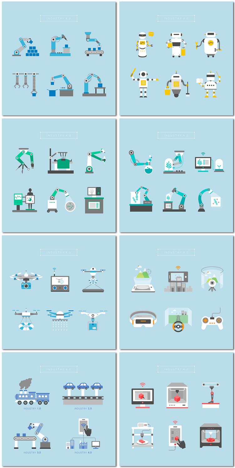 8张扁平化工业革命互联网智能ai科技VR虚拟现实矢量设计素材模板图标