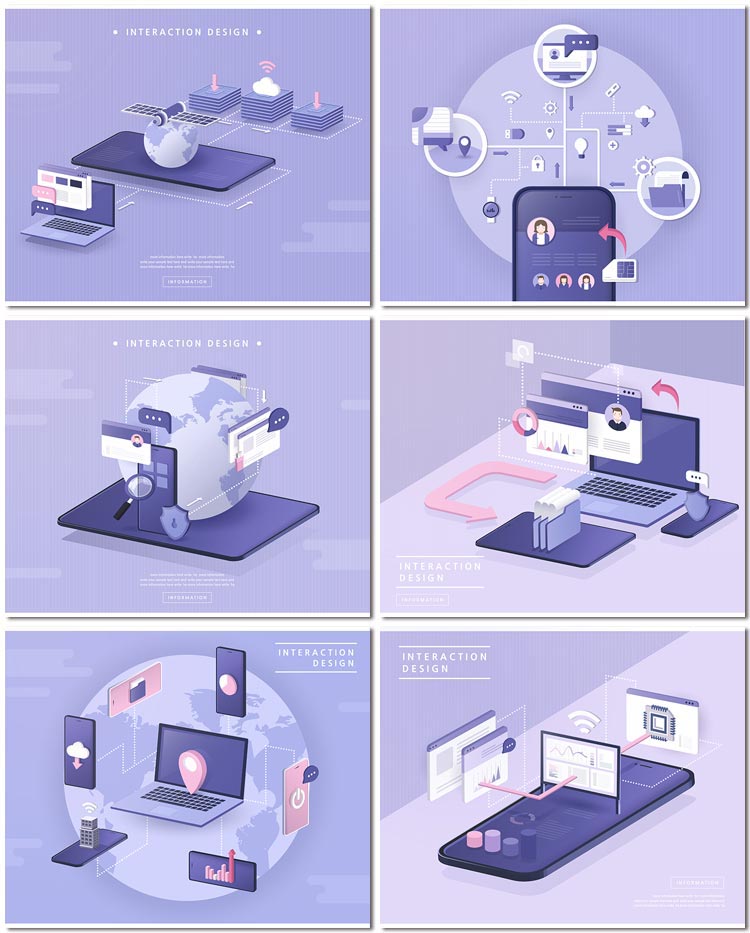 6张2.5d等距科技商务商业网络互联网手绘插画海报矢量素材设计模板