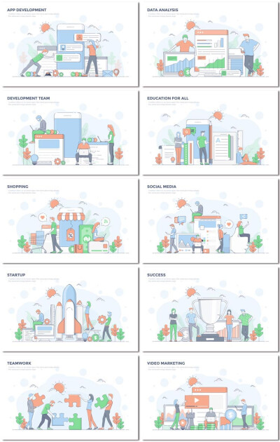 10张扁平化商业科技现代商务工作手绘简约插画海报矢量素材模板设计