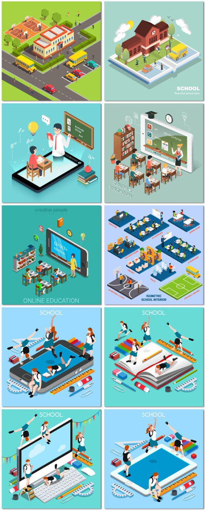 10张卡通游戏等距立体3D学校老师上课教育插画海报矢量素材模板设计