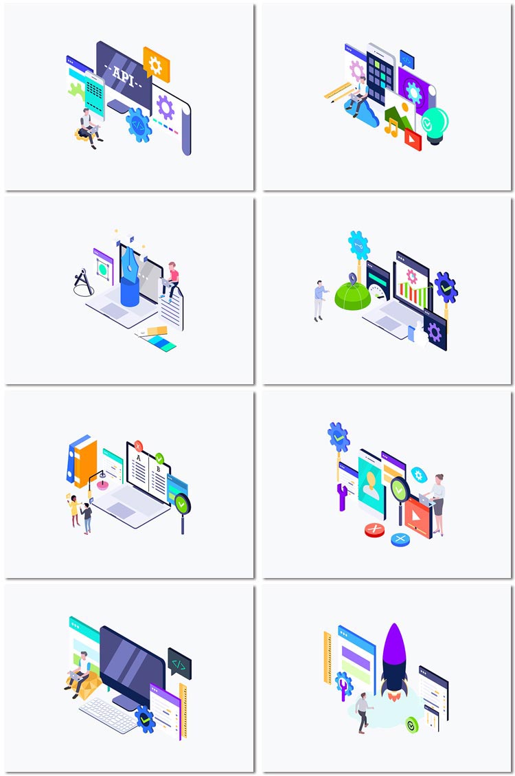8张技术工作行业网页等距概念科技互联网矢量插图海报设计素材模板