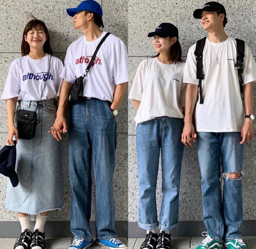 一对韩国情侣宽松休闲的Couple Look。 ​​​