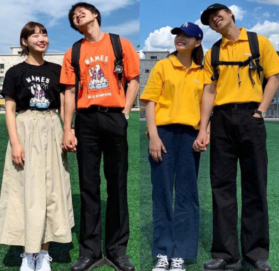 一对韩国情侣宽松休闲的Couple Look。 ???