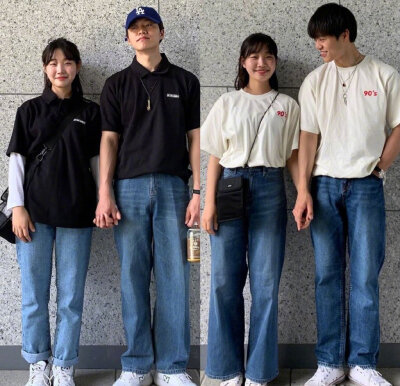 一对韩国情侣宽松休闲的Couple Look。 ???