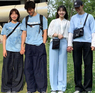 一对韩国情侣宽松休闲的Couple Look。 ​​​