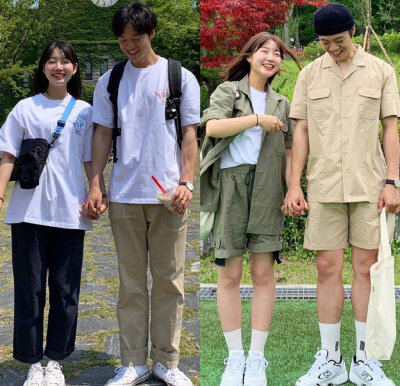 一对韩国情侣宽松休闲的Couple Look。 ​​​