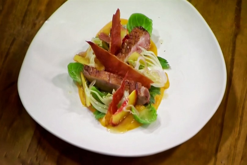 warm duck salad with peaches three ways