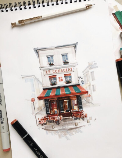 马克笔 插画 风景绘画 橱窗 小店 马克笔