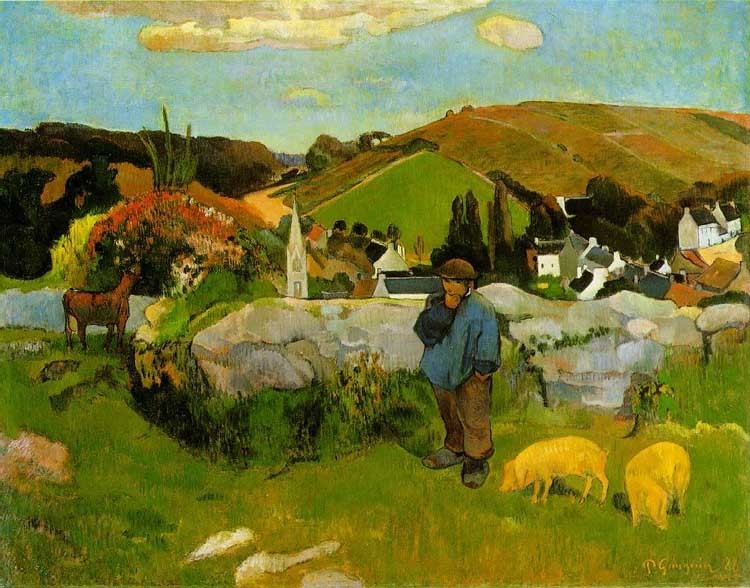 《不列塔尼牧人》（The Swineherd，Brittany） 1888
高更在给梵高的信中写道：“我们要带着奥妙又古怪的不完美，孤苦伶仃地搭乘幽灵船舶远航，寂寂寥寥，没有终点。但好像对我们来说，没有终点又比昭着之物更加触手可及。”
亚里士多德说过：“离群索居者，不是野兽，便是神灵。”