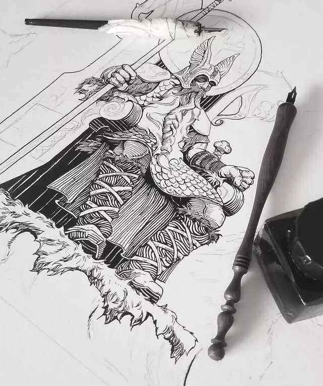 这组作品的作者luke.ink，超喜欢他的线条。很规整严谨的线条，但是由这些线条所组成的画面却是霸气十足。
黑白 线条