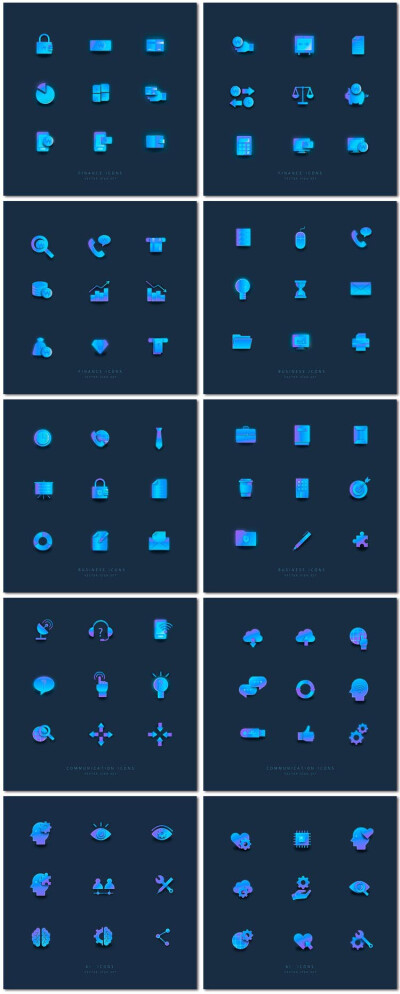 10组蓝色科技发感光扁平化全球商务商业网络通讯图标矢量设计素材模板
