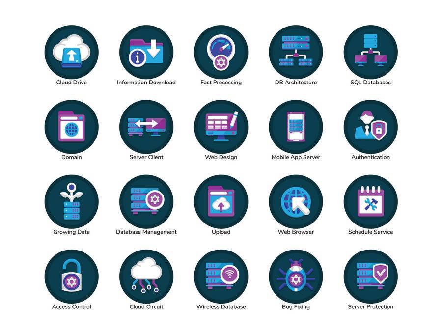 100个Web主机数据库管理云托管和架构数据仓库插画图标素材模板设计