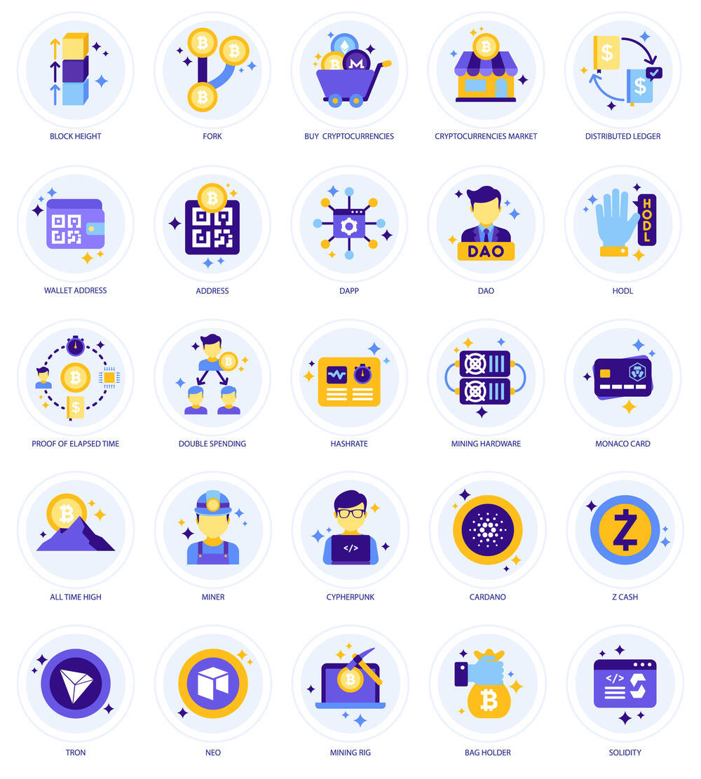 105个比特币Altcoin区块链加密货币互联网网络数字技术工人插画图标icon素材模板设计