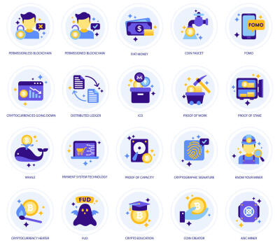 105个比特币Altcoin区块链加密货币互联网网络数字技术工人插画图标icon素材模板设计