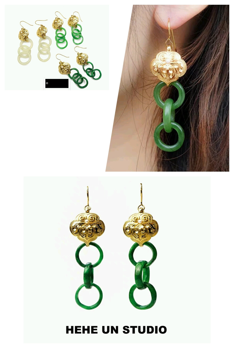 手工vintage干青翡翠和田玉三连环耳坠