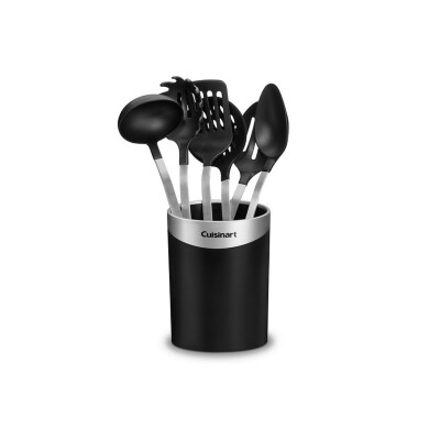 Kitchen Tool Crock w/ 7-Pc Tools : A perfect fit for everyday use. this stainless steel-and-nylon set includes a spatula, solid basting spoon, skimmer, slotted spoon, soup ladle, pasta server, and a s…