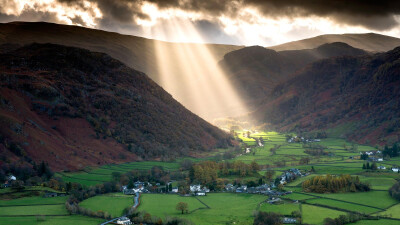 General 1920x1080 nature landscape clouds trees England UK sun rays sunlight valley hills mountains forest grass house village road