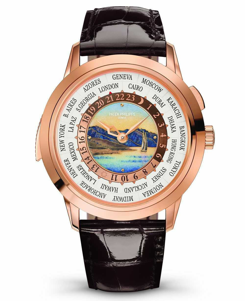 Patek Philippe「Ref. 5531R」
搭载世界时和三问两项复杂功能的「Ref. 5531R」，最大亮点在于「本地时间报时」而非「家乡时间报时」——也就是说，它可以根据你的时区设置而报出全球任何时区的时间。表盘中央采用掐丝珐琅工艺描绘出日内瓦湖的日落风景，给整枚腕表更增添几分迷人的色彩。