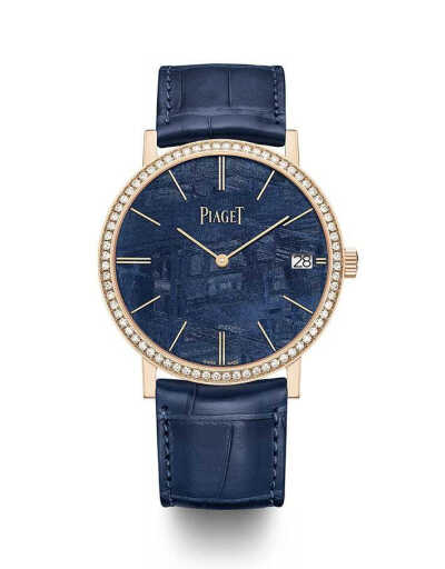 Piaget Altiplano 陨石表盘腕表
陨石表盘同样运用于 Altiplano 日历腕表新作，可选灰色、金色和深蓝色陨石表盘，每一枚的花纹都独一无二。表盘呈简洁的双针布局，搭配纤细的棒状时标，3点为日历窗。