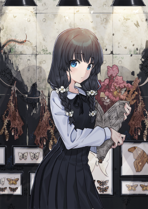 动漫，女生，双马尾，黑发，蓝瞳，花