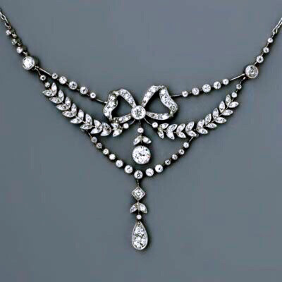 美好年代的古董缎带结元素花环风格钻石项链