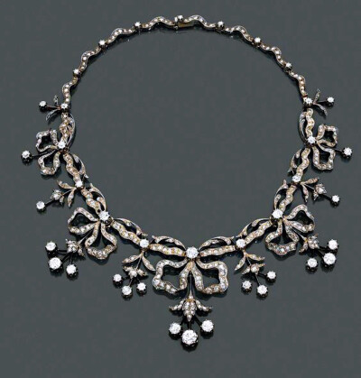 美好年代的古董缎带结元素花环风格钻石项链