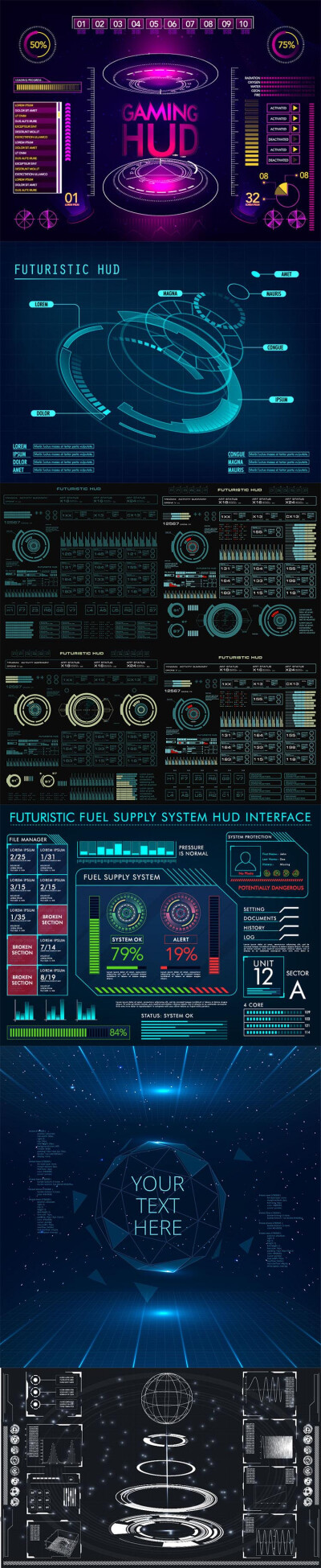 12张未来科技科幻钢铁侠数据HUD显示游戏动画界面ui平面设计矢量素材