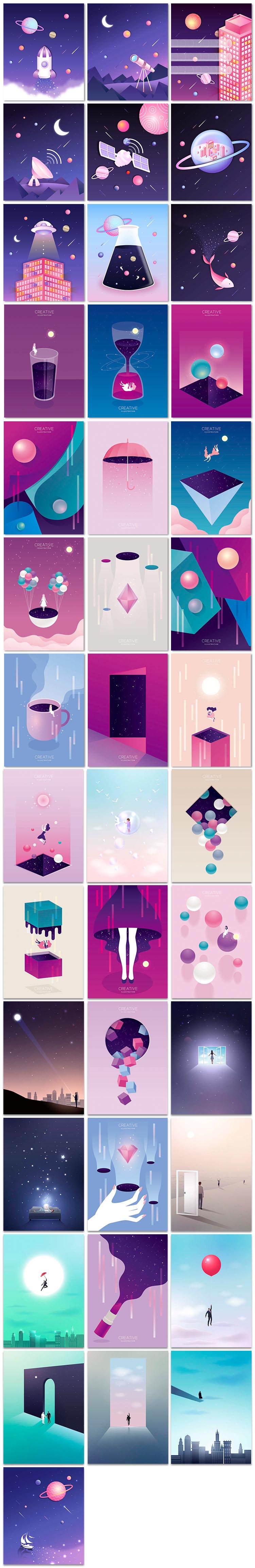 40张宇宙科技梦想愿景扁平化渐变炫彩视觉卡通梦幻2.5d插画矢量图设计