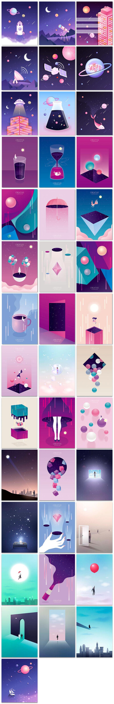 40张宇宙科技梦想愿景扁平化渐变炫彩视觉卡通梦幻2.5d插画矢量图设计
