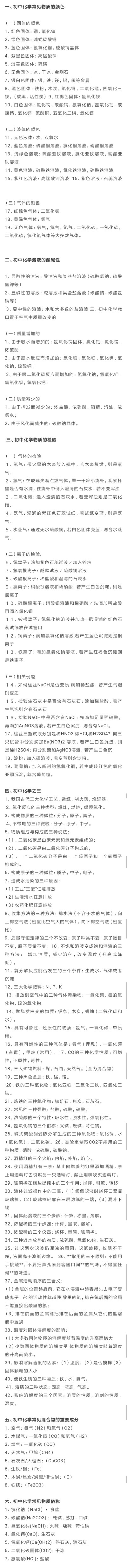 一、初中化学常见物质的颜色
二、初中化学溶液的酸碱性
三、初中化学物质的检验
四、初中化学之三
五、初中化学常见混合物的重要成分
六、初中化学常见物质俗称